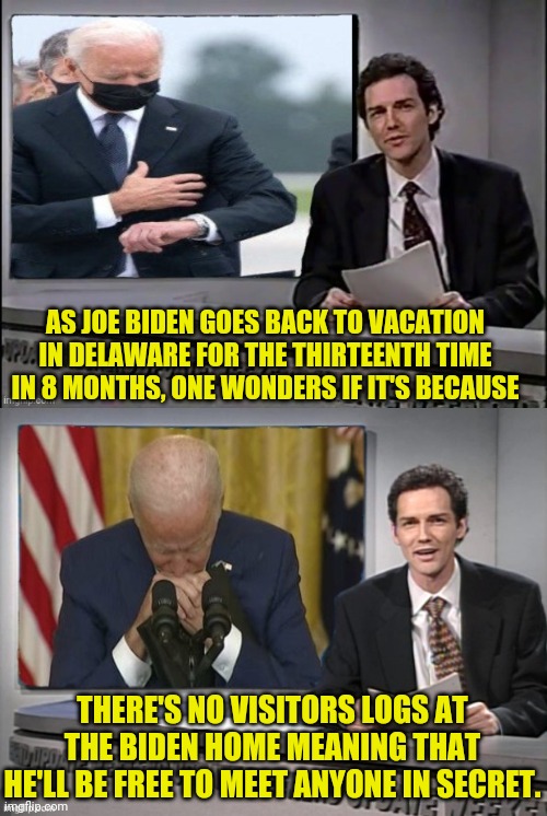 joe sure goes on Vacation a lot, I wonder Why?... |  AS JOE BIDEN GOES BACK TO VACATION IN DELAWARE FOR THE THIRTEENTH TIME IN 8 MONTHS, ONE WONDERS IF IT'S BECAUSE; THERE'S NO VISITORS LOGS AT THE BIDEN HOME MEANING THAT HE'LL BE FREE TO MEET ANYONE IN SECRET. | image tagged in joe biden,vacation,traitor,election fraud,drstrangmeme | made w/ Imgflip meme maker