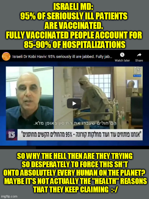 Hmmm . . . nasty VAERS-underreported downside; the "consensus" upside now appears to keep falling apart . . . hmm . . . | ISRAELI MD:  
95% OF SERIOUSLY ILL PATIENTS 
ARE VACCINATED. 
FULLY VACCINATED PEOPLE ACCOUNT FOR 
85-90% OF HOSPITALIZATIONS; SO WHY THE HELL THEN ARE THEY TRYING 
SO DESPERATELY TO FORCE THIS SH*T 
ONTO ABSOLUTELY EVERY HUMAN ON THE PLANET?  
MAYBE IT'S NOT ACTUALLY THE "HEALTH" REASONS
THAT THEY KEEP CLAIMING  :-/ | image tagged in coronavirus,covid-19,global pandemic,mrna vaccine,medicine,conspiracy | made w/ Imgflip meme maker