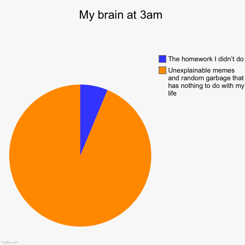 My brain at 3am | My brain at 3am | Unexplainable memes and random garbage that has nothing to do with my life, The homework I didn’t do | image tagged in charts,pie charts | made w/ Imgflip chart maker