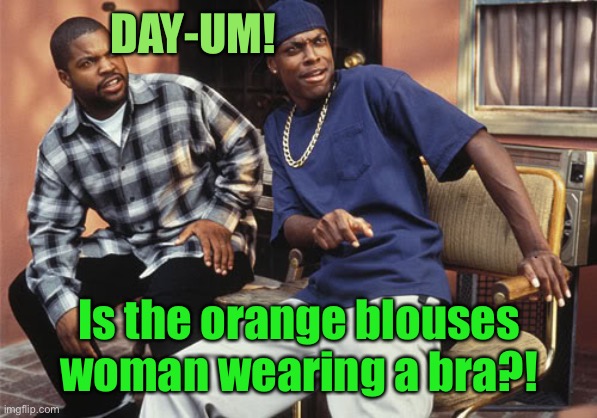 Dayum | DAY-UM! Is the orange blouses woman wearing a bra?! | image tagged in dayum | made w/ Imgflip meme maker