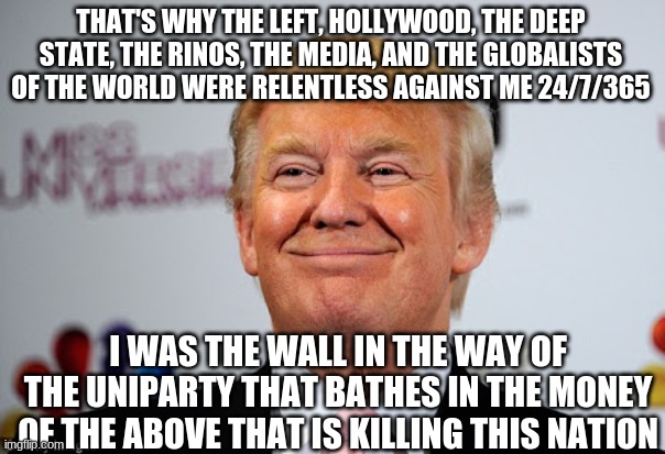 Donald trump approves | THAT'S WHY THE LEFT, HOLLYWOOD, THE DEEP STATE, THE RINOS, THE MEDIA, AND THE GLOBALISTS OF THE WORLD WERE RELENTLESS AGAINST ME 24/7/365 I  | image tagged in donald trump approves | made w/ Imgflip meme maker