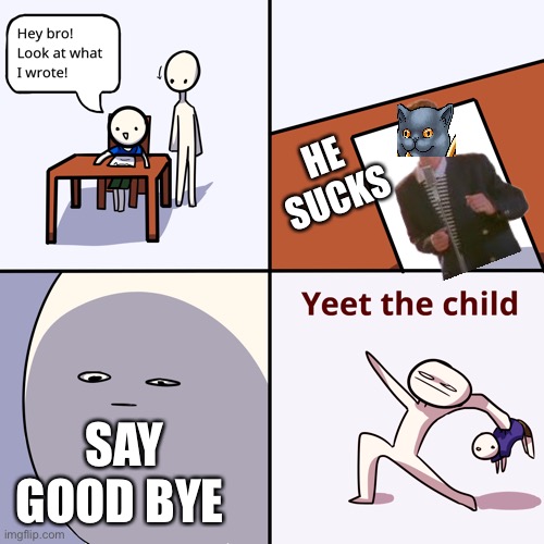 Yeet the child | HE SUCKS; SAY GOOD BYE | image tagged in yeet the child,cats | made w/ Imgflip meme maker
