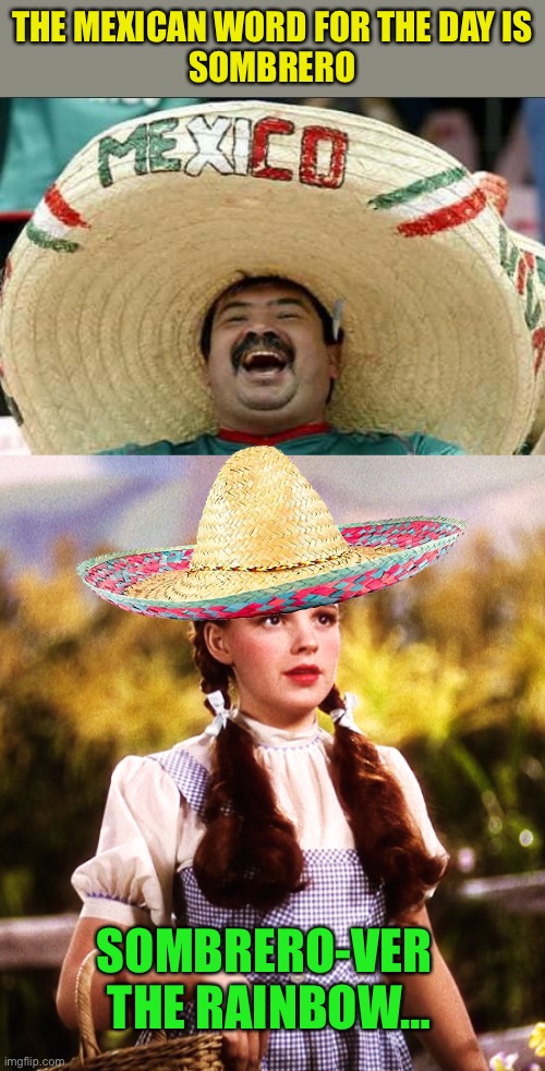 Another dud :-) | THE MEXICAN WORD FOR THE DAY IS 
SOMBRERO; SOMBRERO-VER
 THE RAINBOW… | image tagged in mexican word of the day,the wizard of oz,inspired by catmanjoe | made w/ Imgflip meme maker