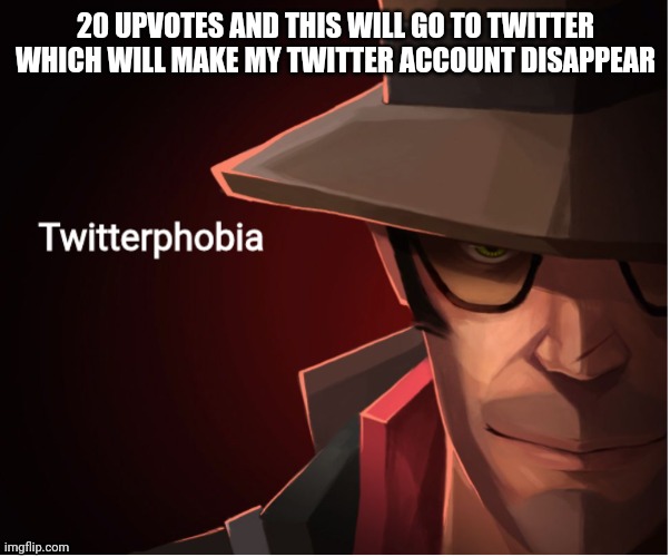 Twitterphobia | 20 UPVOTES AND THIS WILL GO TO TWITTER WHICH WILL MAKE MY TWITTER ACCOUNT DISAPPEAR | image tagged in twitterphobia | made w/ Imgflip meme maker