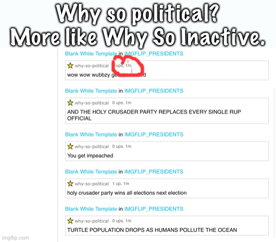 Just a person I thought of while thinking about whether to put Luigi, Crazy or CityArcade in charge of the Weekly Meme. | Why so political? More like Why So Inactive. | made w/ Imgflip meme maker