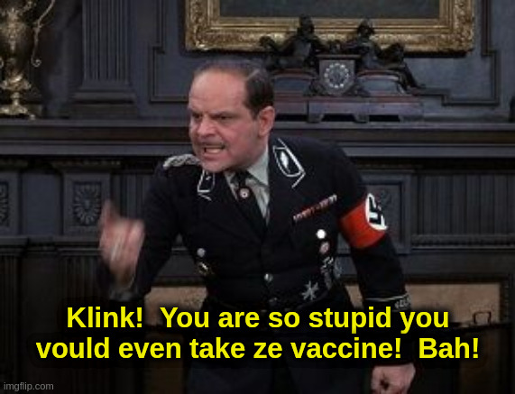 Vaccine Hochstetter | Klink!  You are so stupid you
vould even take ze vaccine!  Bah! | image tagged in nazi,covid,vaccine,liberals,hochstetter | made w/ Imgflip meme maker