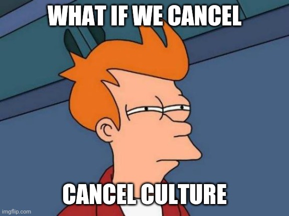 Cancel cancel culture | WHAT IF WE CANCEL; CANCEL CULTURE | image tagged in memes,futurama fry,cancel culture,cancelled,snowflakes,millennials | made w/ Imgflip meme maker