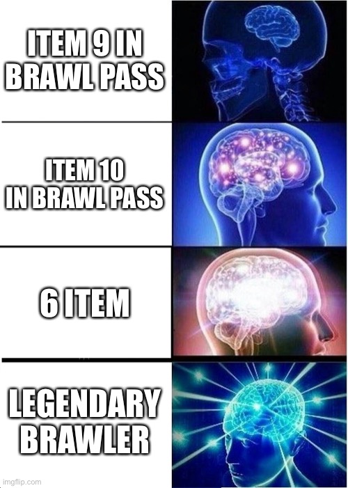 Mega box | ITEM 9 IN BRAWL PASS; ITEM 10 IN BRAWL PASS; 6 ITEM; LEGENDARY BRAWLER | image tagged in memes,expanding brain | made w/ Imgflip meme maker