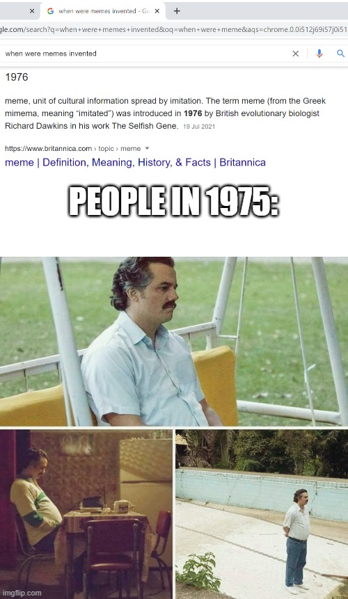 when were memes invented | PEOPLE IN 1975: | image tagged in sad pablo escobar,memes,invented | made w/ Imgflip meme maker