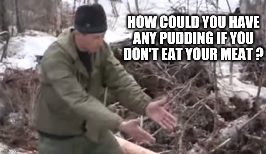 How could you | HOW COULD YOU HAVE ANY PUDDING IF YOU DON'T EAT YOUR MEAT ? | image tagged in how could you | made w/ Imgflip meme maker