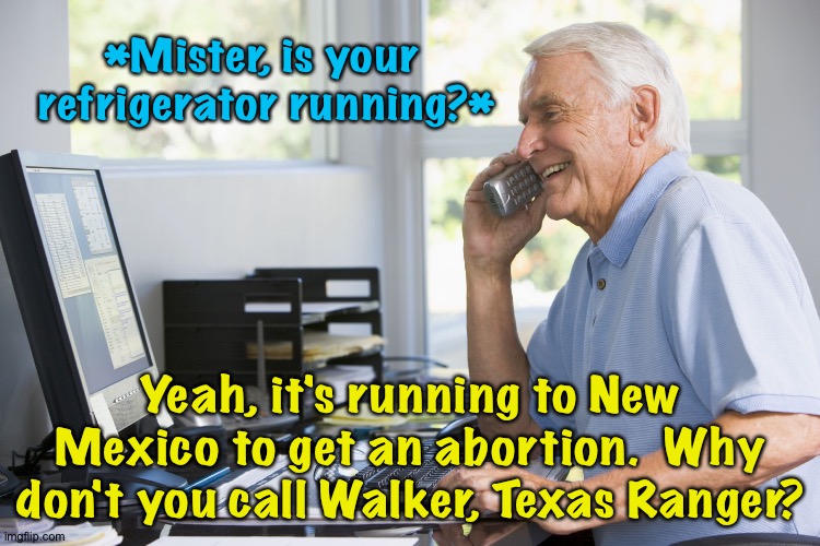 old man on phone | *Mister, is your 
refrigerator running?* Yeah, it's running to New Mexico to get an abortion.  Why don't you call Walker, Texas Ranger? | image tagged in old man on phone | made w/ Imgflip meme maker