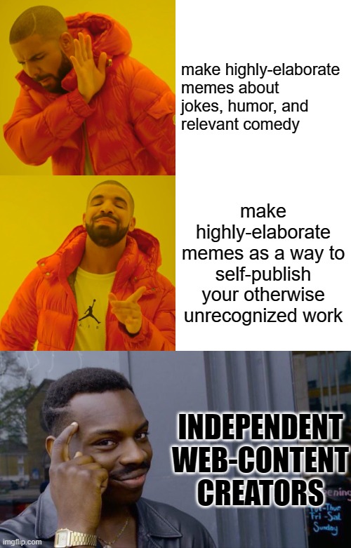 Think About This | make highly-elaborate memes about jokes, humor, and relevant comedy; make highly-elaborate memes as a way to self-publish your otherwise unrecognized work; INDEPENDENT WEB-CONTENT CREATORS | image tagged in memes,drake hotline bling,roll safe think about it | made w/ Imgflip meme maker