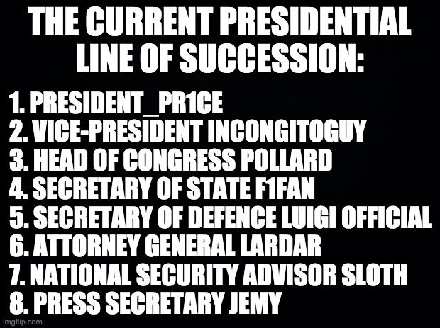 To be used if a President/HOC resigns, is impeached or becomes inactive. | THE CURRENT PRESIDENTIAL LINE OF SUCCESSION:; 1. PRESIDENT_PR1CE
2. VICE-PRESIDENT INCONGITOGUY
3. HEAD OF CONGRESS POLLARD
4. SECRETARY OF STATE F1FAN
5. SECRETARY OF DEFENCE LUIGI OFFICIAL
6. ATTORNEY GENERAL LARDAR
7. NATIONAL SECURITY ADVISOR SLOTH
8. PRESS SECRETARY JEMY | made w/ Imgflip meme maker