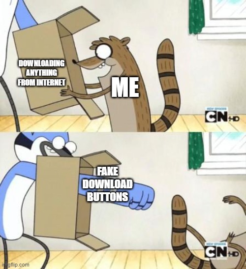 Mordecai Punches Rigby Through a Box | DOWNLOADING ANYTHING FROM INTERNET; ME; FAKE DOWNLOAD BUTTONS | image tagged in mordecai punches rigby through a box | made w/ Imgflip meme maker