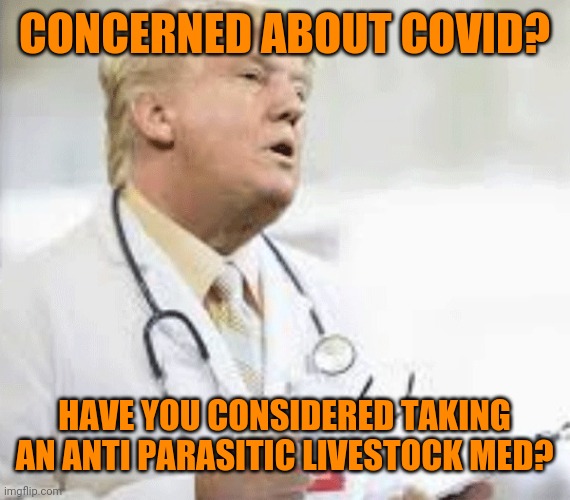 If hydroxychloroquine failed to work for you try try again | CONCERNED ABOUT COVID? HAVE YOU CONSIDERED TAKING AN ANTI PARASITIC LIVESTOCK MED? | image tagged in doctor donald trump | made w/ Imgflip meme maker