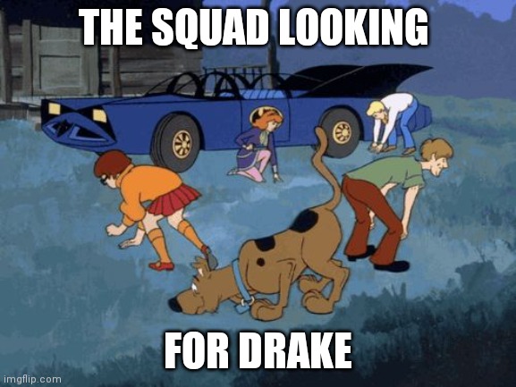 The squad | THE SQUAD LOOKING; FOR DRAKE | image tagged in scooby doo search | made w/ Imgflip meme maker