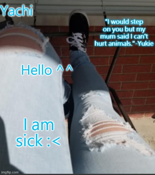 Yachi's shoe temp | Hello ^^; I am sick :< | image tagged in yachi's shoe temp | made w/ Imgflip meme maker