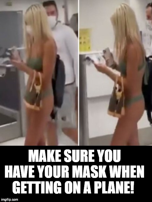 Make sure you have your mask when getting on a plane!! | MAKE SURE YOU HAVE YOUR MASK WHEN GETTING ON A PLANE! | image tagged in bikini,mask | made w/ Imgflip meme maker