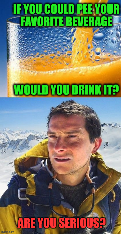 Would you? |  IF YOU COULD PEE YOUR
FAVORITE BEVERAGE; WOULD YOU DRINK IT? ARE YOU SERIOUS? | image tagged in bear grylls,drinking,pee | made w/ Imgflip meme maker