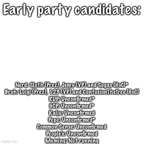 * Depending on results in Primaries. | Early party candidates:; Nerd: Sloth (Prez), Jemy (VP) and Sugas (HoC)*
Bruh: Luigi (Prez), 123 (VP) and ConfusionTheTree (HoC)
RUP: Unconfirmed*
HCP: Unconfirmed*
Kaiju: Unconfirmed
Pepe: Unconfirmed*
Common Sense: Unconfirmed
People’s: Unconfirmed
Meming: Not running | image tagged in memes,blank transparent square | made w/ Imgflip meme maker