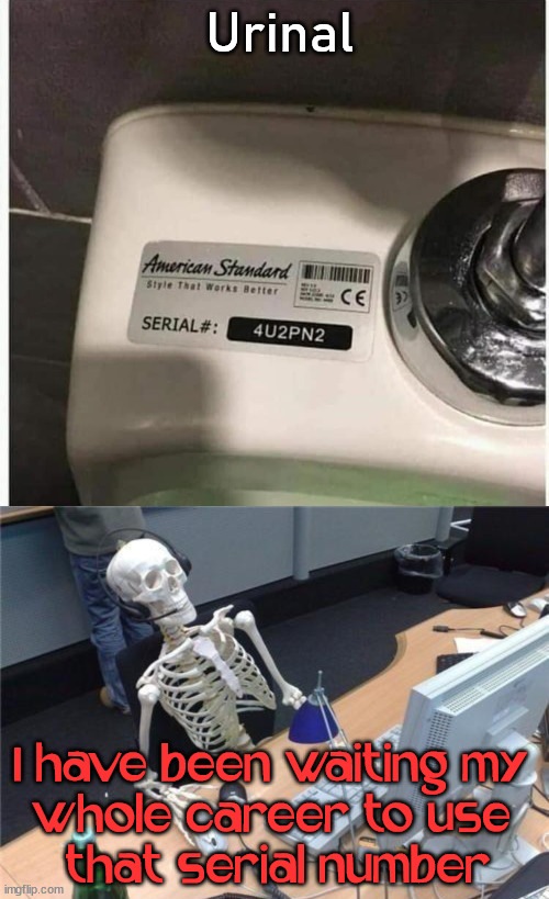 Appropriate serial number for a Urinal | Urinal; I have been waiting my 
whole career to use 
that serial number | image tagged in waiting skeleton,peeing | made w/ Imgflip meme maker