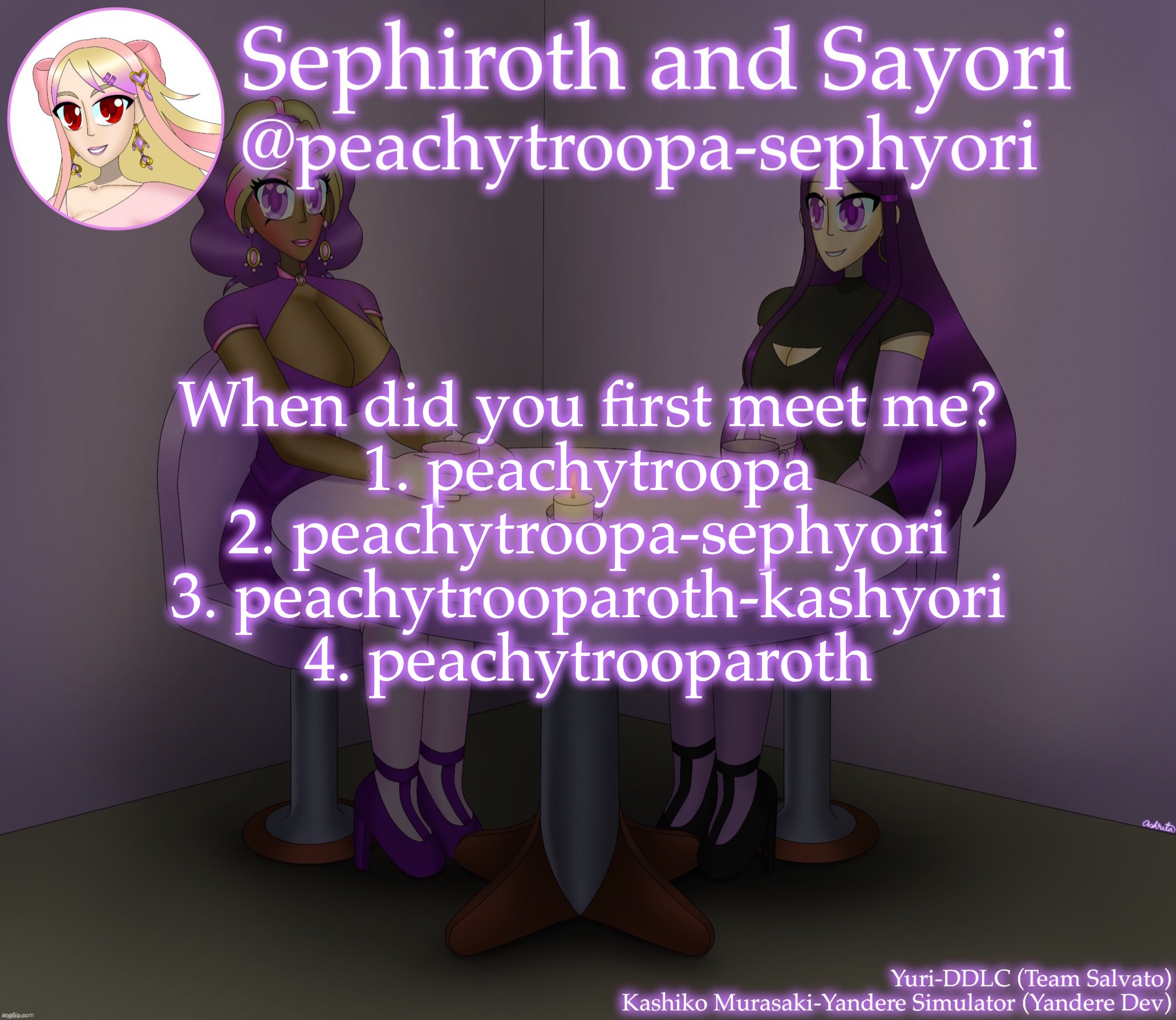 Dead trend go brr | When did you first meet me?
1. peachytroopa
2. peachytroopa-sephyori
3. peachytrooparoth-kashyori
4. peachytrooparoth | image tagged in yuri and kashiko murasaki | made w/ Imgflip meme maker