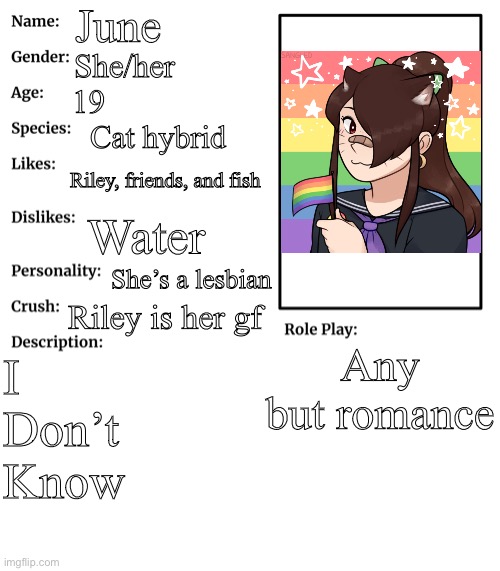 June | June; She/her; 19; Cat hybrid; Riley, friends, and fish; Water; She’s a lesbian; Riley is her gf; Any but romance; I
Don’t
Know | image tagged in rp stream oc showcase | made w/ Imgflip meme maker