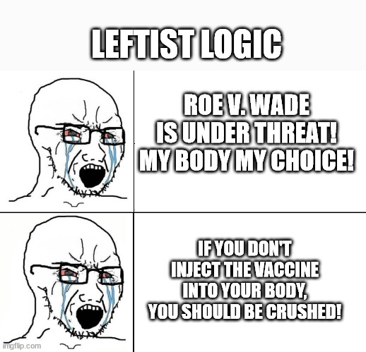 Soyboy reaction mad cry | LEFTIST LOGIC; ROE V. WADE IS UNDER THREAT! MY BODY MY CHOICE! IF YOU DON'T INJECT THE VACCINE INTO YOUR BODY, YOU SHOULD BE CRUSHED! | image tagged in soyboy reaction mad cry | made w/ Imgflip meme maker