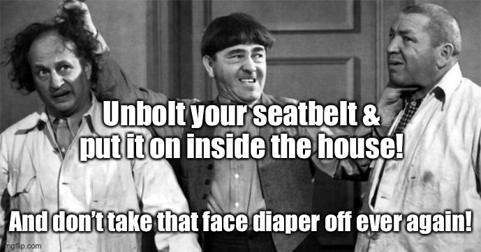 Three Stooges | Unbolt your seatbelt & put it on inside the house! And don’t take that face diaper off ever again! | image tagged in three stooges | made w/ Imgflip meme maker