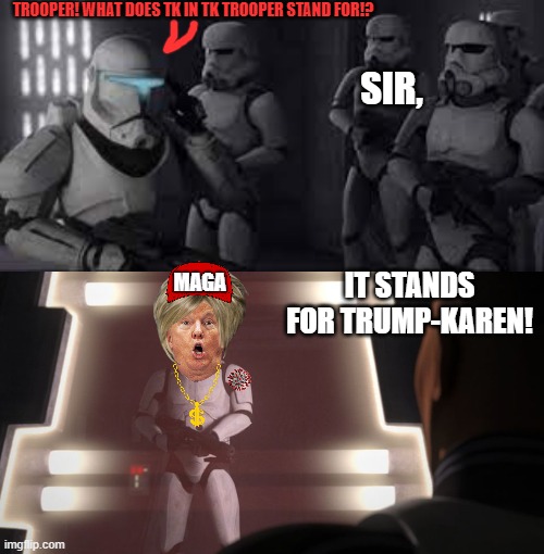 They storm heavily fortified positions to speak to your manager. They are the best, the greatest, nobody does it like them. | TROOPER! WHAT DOES TK IN TK TROOPER STAND FOR!? SIR, IT STANDS FOR TRUMP-KAREN! MAGA | image tagged in donald trump,star wars,stormtrooper,karen | made w/ Imgflip meme maker