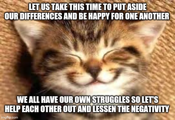 Happy cat | LET US TAKE THIS TIME TO PUT ASIDE OUR DIFFERENCES AND BE HAPPY FOR ONE ANOTHER; WE ALL HAVE OUR OWN STRUGGLES SO LET'S HELP EACH OTHER OUT AND LESSEN THE NEGATIVITY | image tagged in happy,no upvotes needed,support | made w/ Imgflip meme maker