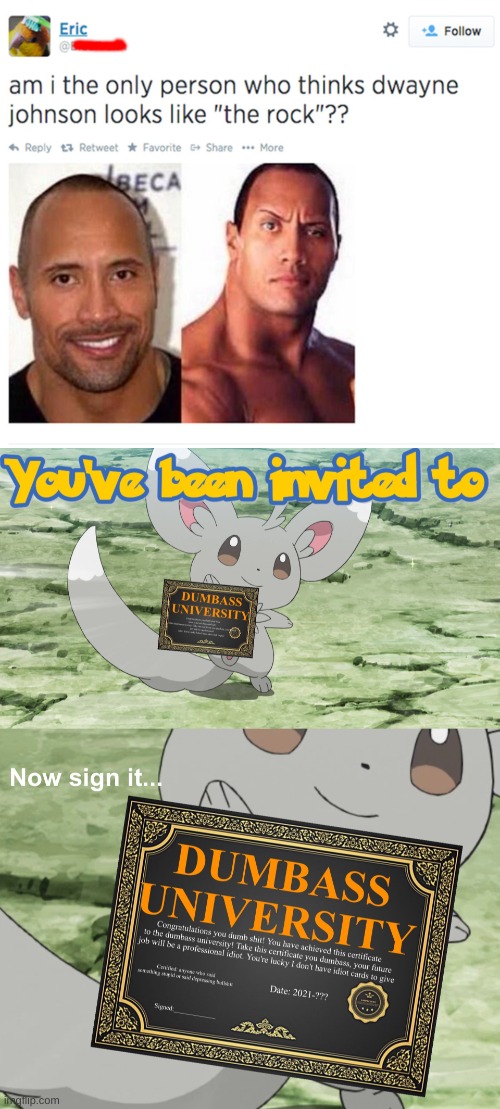 Dwayne Johnson and the rock are the same person | image tagged in you've been invited to dumbass university,memes,funny memes,stupid people | made w/ Imgflip meme maker