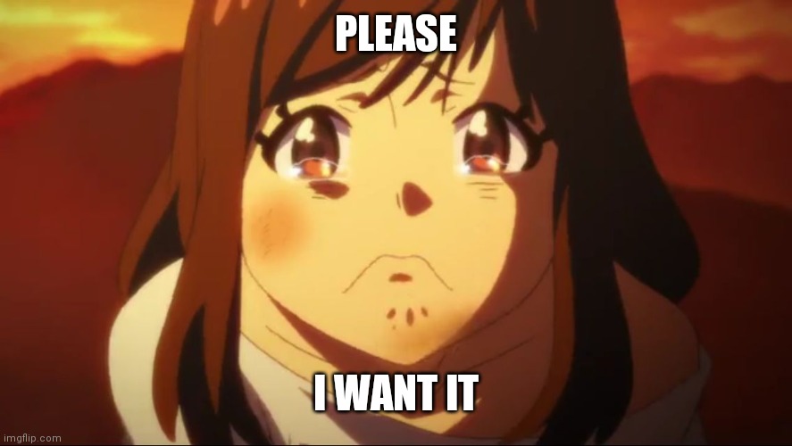 Sad anime face 1 | PLEASE I WANT IT | image tagged in sad anime face 1 | made w/ Imgflip meme maker