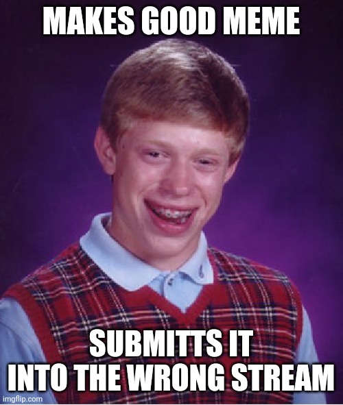 Idk if someone made this already lol | MAKES GOOD MEME; SUBMITTS IT INTO THE WRONG STREAM | image tagged in memes,bad luck brian | made w/ Imgflip meme maker