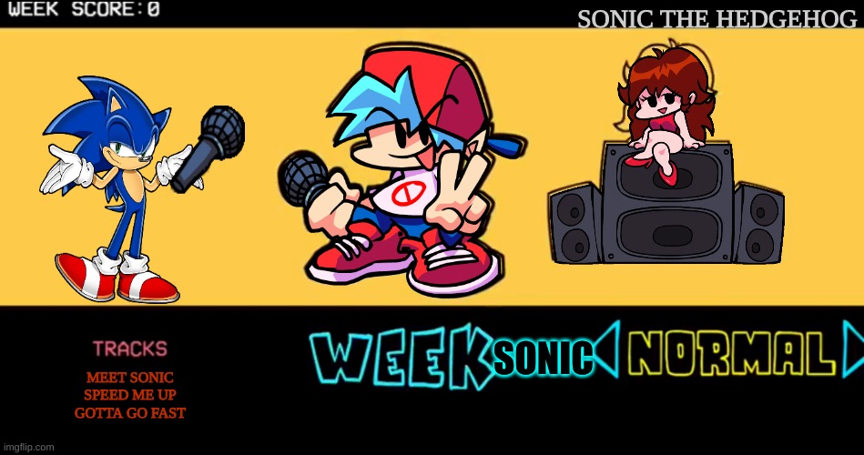 Week Sonic (Remastered) | SONIC THE HEDGEHOG; SONIC; MEET SONIC
SPEED ME UP
GOTTA GO FAST | image tagged in fnf custom week,sonic the hedgehog | made w/ Imgflip meme maker