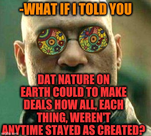 -We as never was. | -WHAT IF I TOLD YOU; DAT NATURE ON EARTH COULD TO MAKE DEALS HOW ALL, EACH THING, WEREN'T ANYTIME STAYED AS CREATED? | image tagged in acid kicks in morpheus,time travel,mother nature,flat earth,what if i told you,the matrix | made w/ Imgflip meme maker