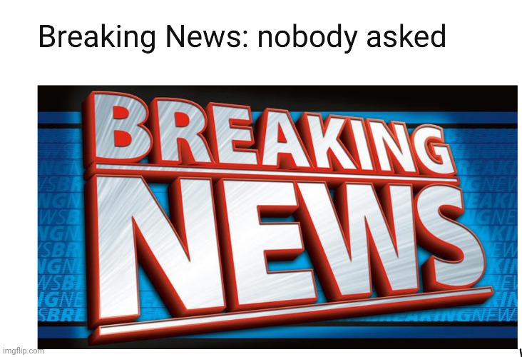 Breaking news: nobody asked | image tagged in breaking news nobody asked | made w/ Imgflip meme maker