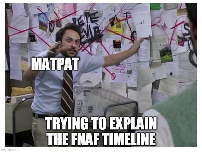 Guy explaining | MATPAT TRYING TO EXPLAIN THE FNAF TIMELINE | image tagged in guy explaining | made w/ Imgflip meme maker