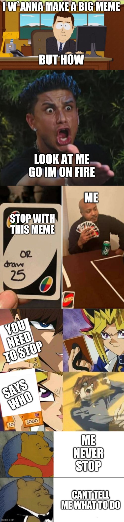 big meme | I W`ANNA MAKE A BIG MEME; BUT HOW; LOOK AT ME GO IM ON FIRE; ME; STOP WITH THIS MEME; YOU NEED TO STOP; SAYS WHO; ME NEVER STOP; CANT TELL ME WHAT TO DO | image tagged in memes,aaaaand its gone,dj pauly d,uno draw 25 cards,yugioh card draw,genteelman pooh | made w/ Imgflip meme maker