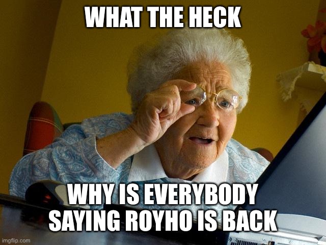 ? | WHAT THE HECK; WHY IS EVERYBODY SAYING ROYHO IS BACK | image tagged in memes,grandma finds the internet | made w/ Imgflip meme maker