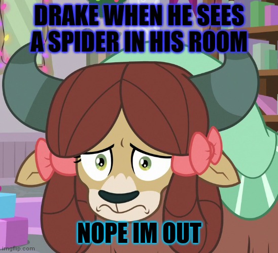 Why is drake afraid of a spider? | DRAKE WHEN HE SEES A SPIDER IN HIS ROOM; NOPE IM OUT | image tagged in feared yona mlp | made w/ Imgflip meme maker
