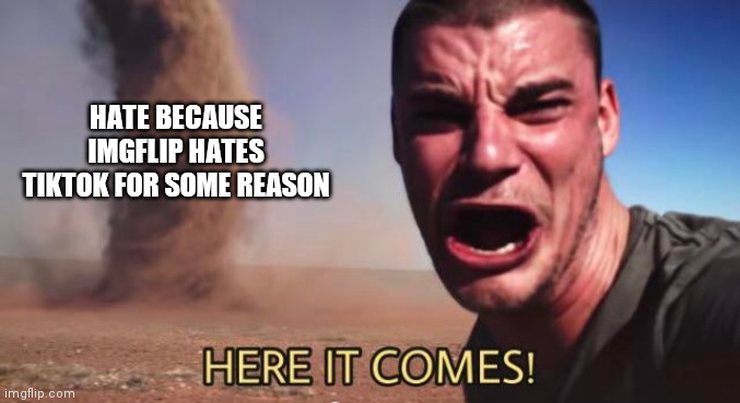 HERE IT COMES! | HATE BECAUSE IMGFLIP HATES TIKTOK FOR SOME REASON | image tagged in here it comes | made w/ Imgflip meme maker