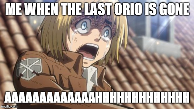 attack on titan | ME WHEN THE LAST ORIO IS GONE; AAAAAAAAAAAAAHHHHHHHHHHHHH | image tagged in attack on titan | made w/ Imgflip meme maker