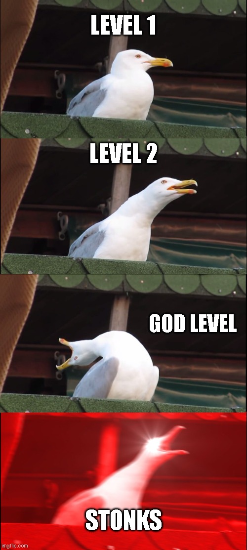 Inhaling Seagull Meme | LEVEL 1; LEVEL 2; GOD LEVEL; STONKS | image tagged in memes,inhaling seagull | made w/ Imgflip meme maker