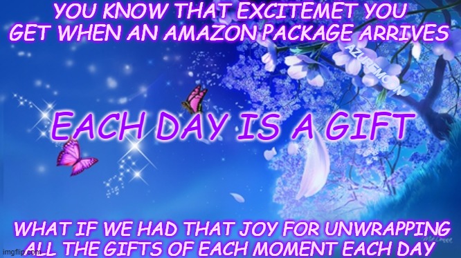 JOY IS IN THE JOURNEY | YOU KNOW THAT EXCITEMET YOU GET WHEN AN AMAZON PACKAGE ARRIVES; AZUREMOON; EACH DAY IS A GIFT; WHAT IF WE HAD THAT JOY FOR UNWRAPPING ALL THE GIFTS OF EACH MOMENT EACH DAY | image tagged in gifts,amazon,overjoyed,joy,inspire the people,inspirational memes | made w/ Imgflip meme maker