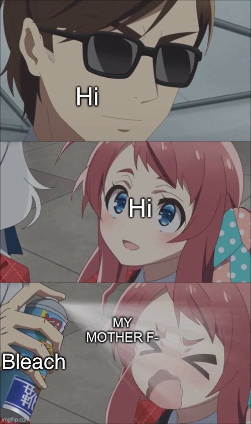 pepper spray girl anime | Hi; Hi; MY MOTHER F-; Bleach | image tagged in pepper spray girl anime | made w/ Imgflip meme maker
