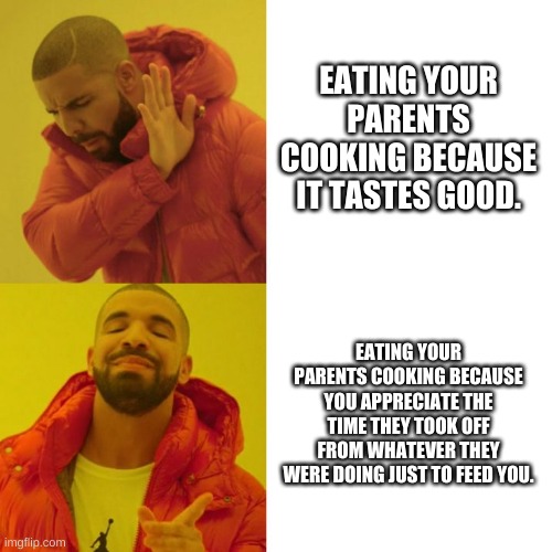 Drake Blank | EATING YOUR PARENTS COOKING BECAUSE IT TASTES GOOD. EATING YOUR PARENTS COOKING BECAUSE YOU APPRECIATE THE TIME THEY TOOK OFF FROM WHATEVER THEY WERE DOING JUST TO FEED YOU. | image tagged in drake blank | made w/ Imgflip meme maker