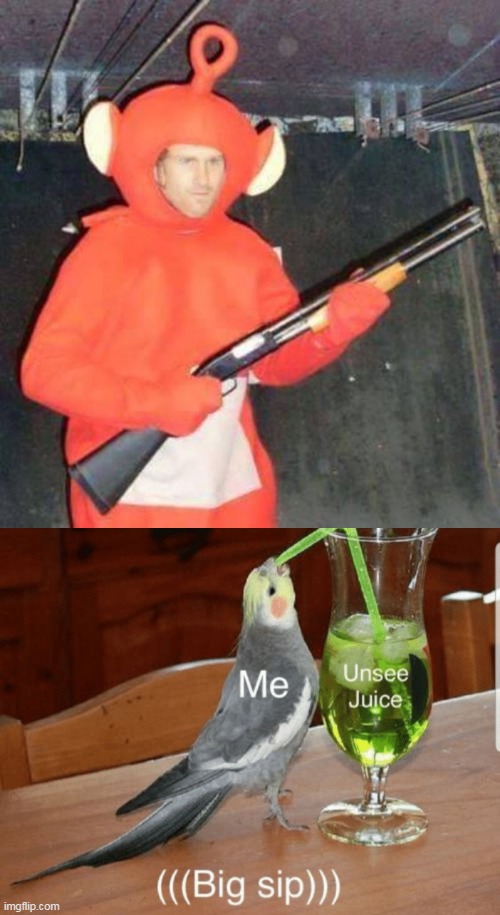 image tagged in unsee juice,teletubbies,gun,what a terrible day to have eyes,cringe,costume | made w/ Imgflip meme maker