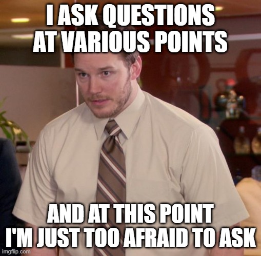 Afraid To Ask Andy Meme | I ASK QUESTIONS AT VARIOUS POINTS; AND AT THIS POINT I'M JUST TOO AFRAID TO ASK | image tagged in memes,afraid to ask andy | made w/ Imgflip meme maker