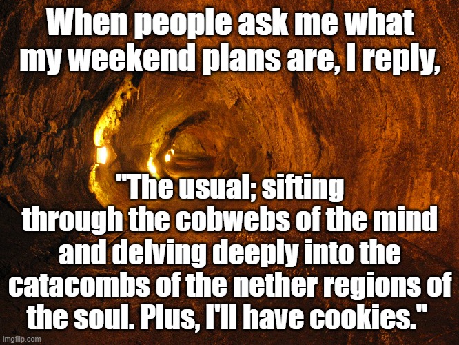 What will I do on the weekend? I'll sift through the cobwebs of the mind and the catacombs of the soul. Plus, I'll have cookies. |  When people ask me what my weekend plans are, I reply, "The usual; sifting through the cobwebs of the mind and delving deeply into the catacombs of the nether regions of the soul. Plus, I'll have cookies." | image tagged in memes,funny memes,deep thoughts,weekend,labour day weekend,long weekend | made w/ Imgflip meme maker